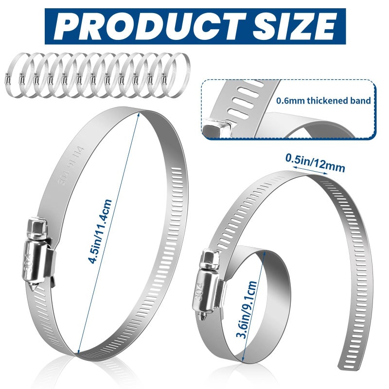 Twdrer 4 Inch 304 Stainless Steel Adjustable Hose Clamp, Worm Gear Duct Clamp Pipe Clamp 91mm-114mm for Plumbing, Automotive, Dryer Vent, Mechanical Applications (12) - Image 2
